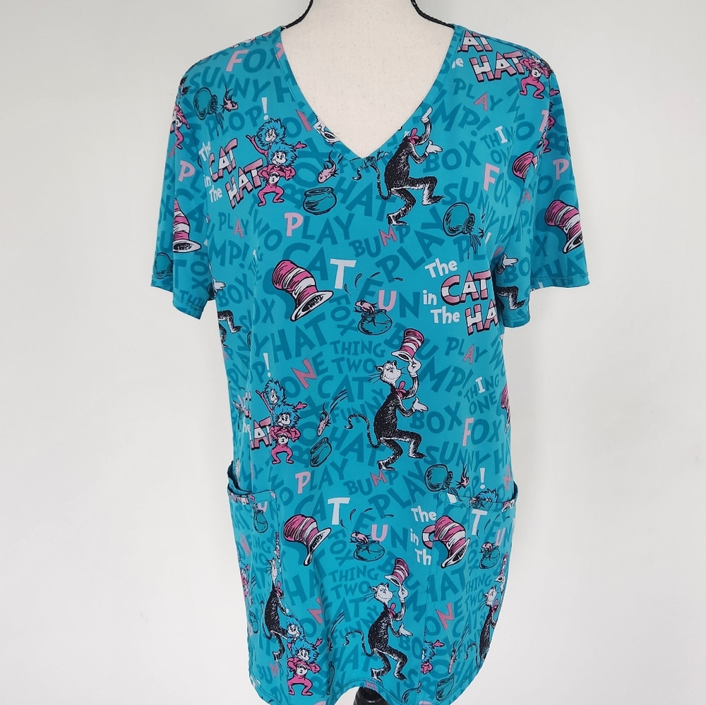 Dr. Seuss Scrub Top Shirt Cat in the Hat Thing One And Two V-neck Aqua Blue M
